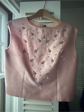 Retro Blush Pink Jeweled Sleeveless Silk Top